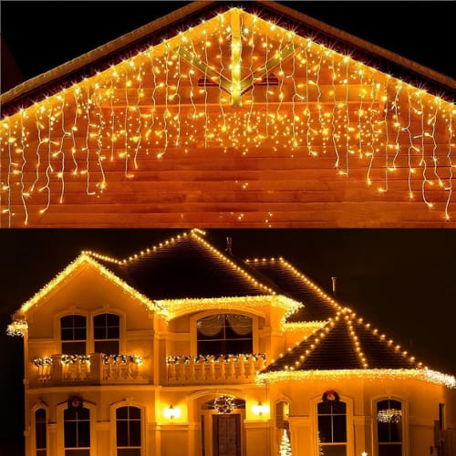 Fachada de uma casa decorada com pisca pisca cascata em LED branco quente